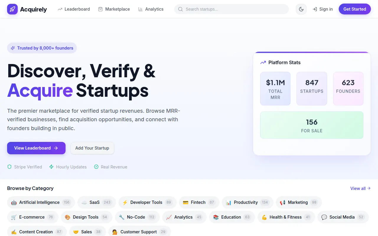 Homepage of acquirely.markets