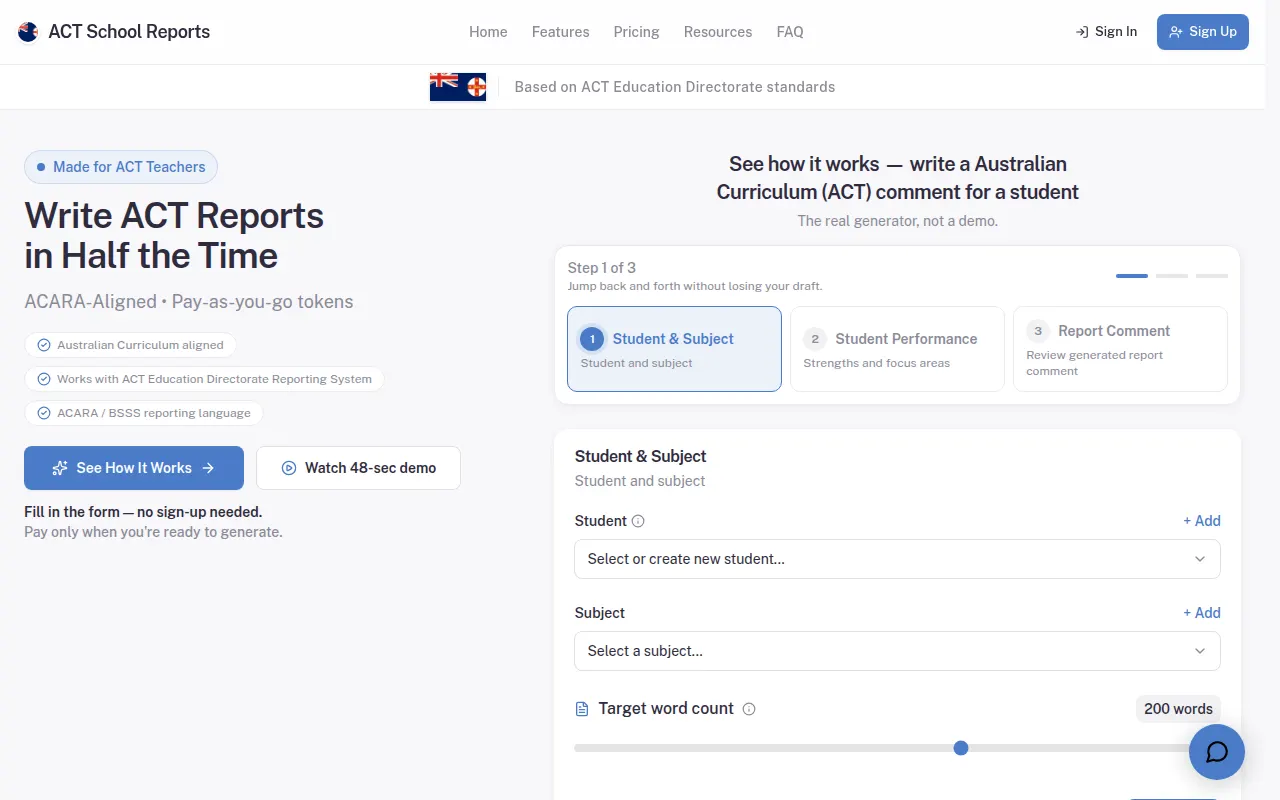 Homepage of actschoolreports.com.au