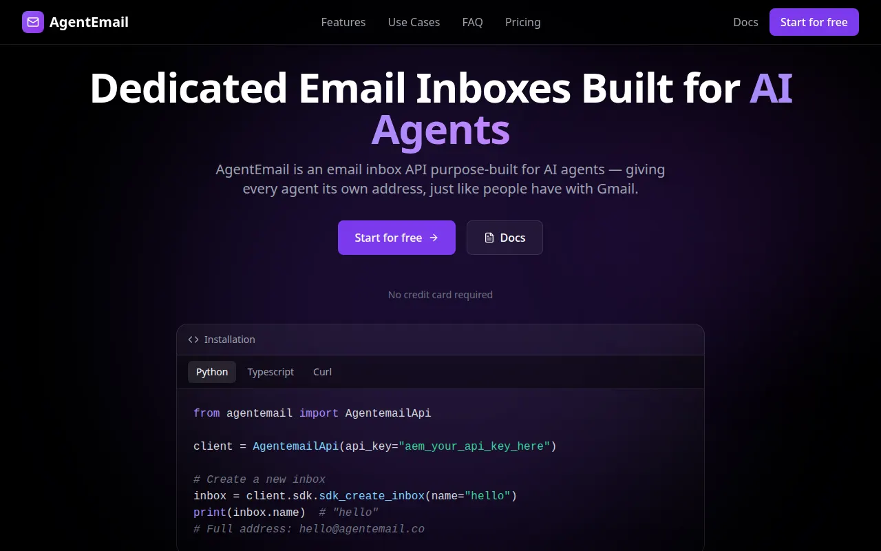 Homepage of agentemail.co