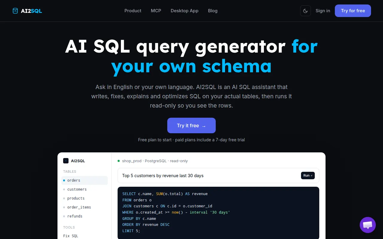 Homepage of ai2sql.io