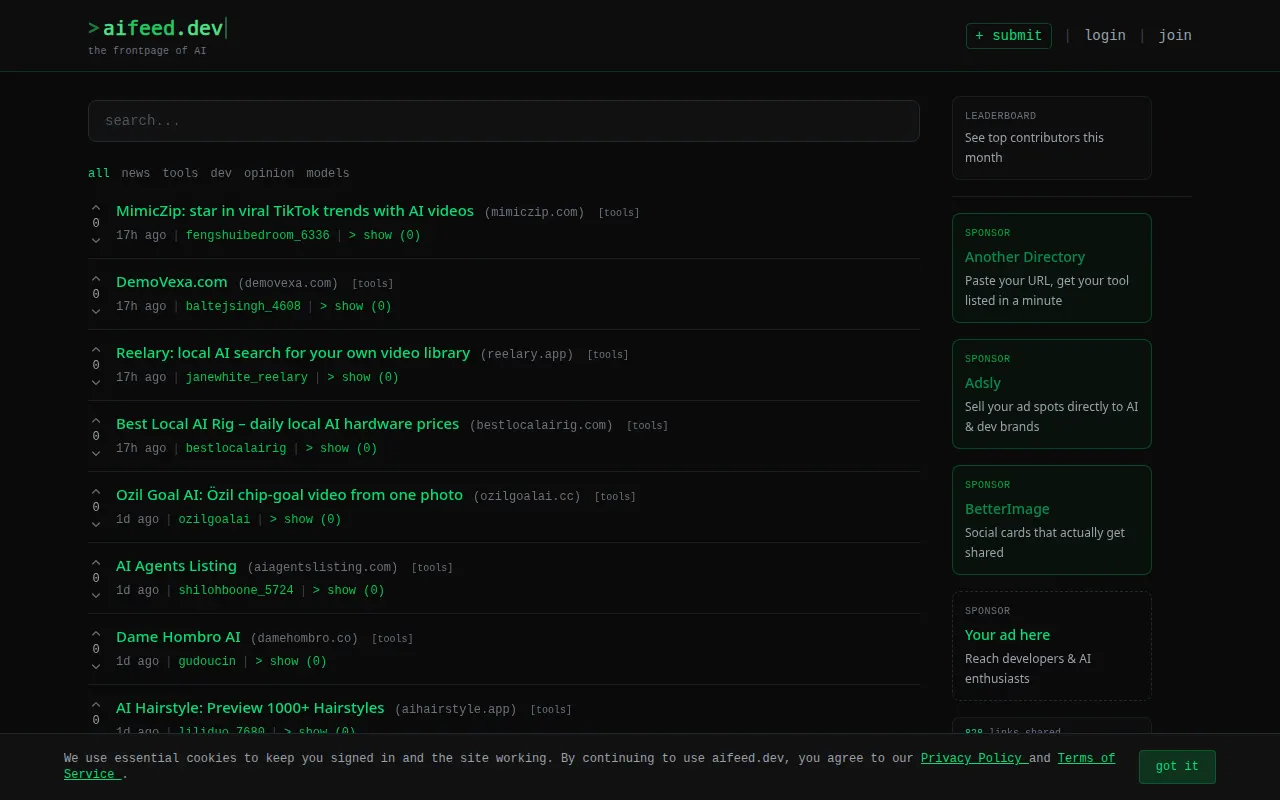 Homepage of aifeed.dev