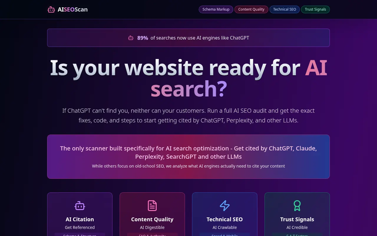Homepage of aiseoscan.dev