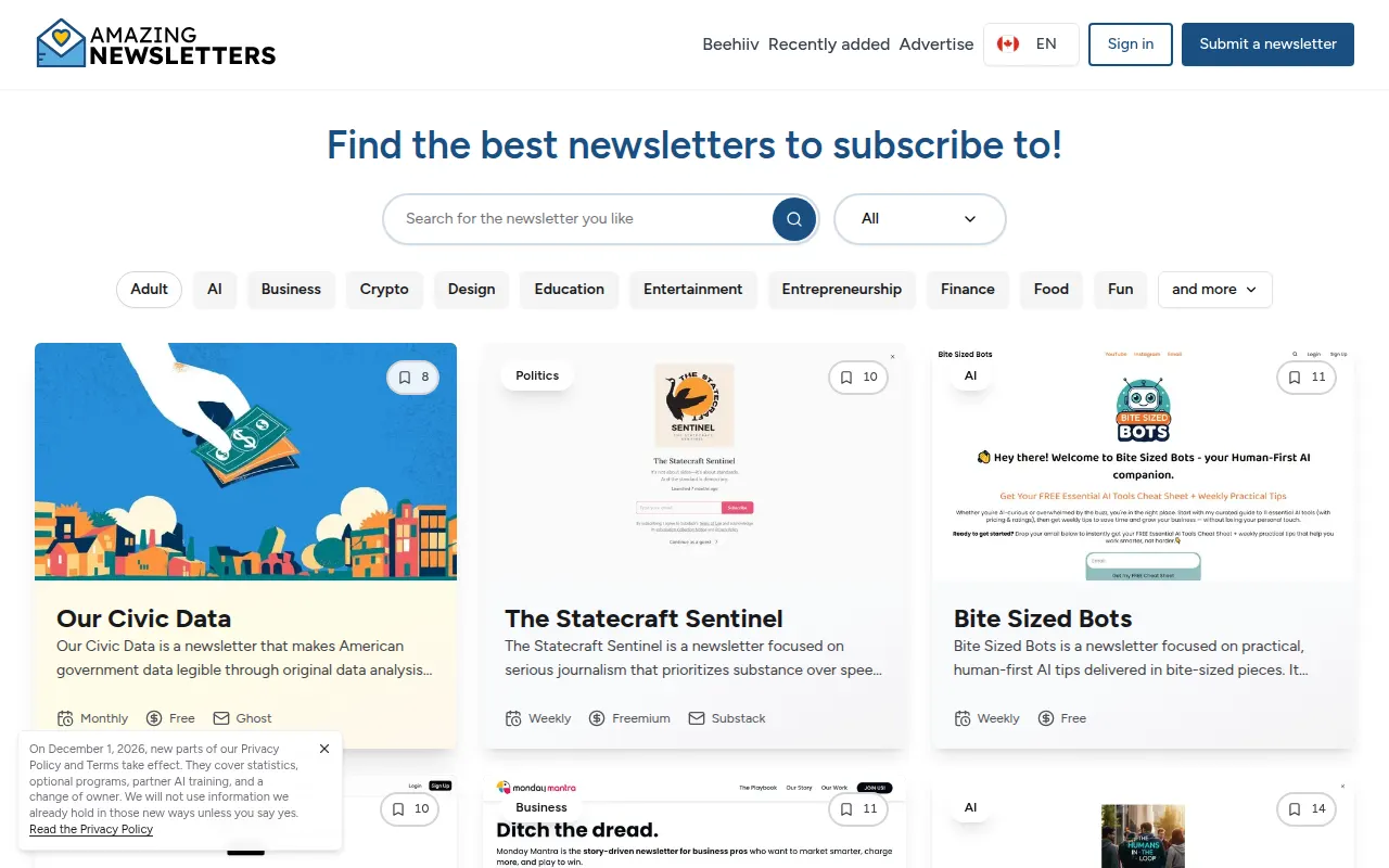 Homepage of amazingnewsletters.com