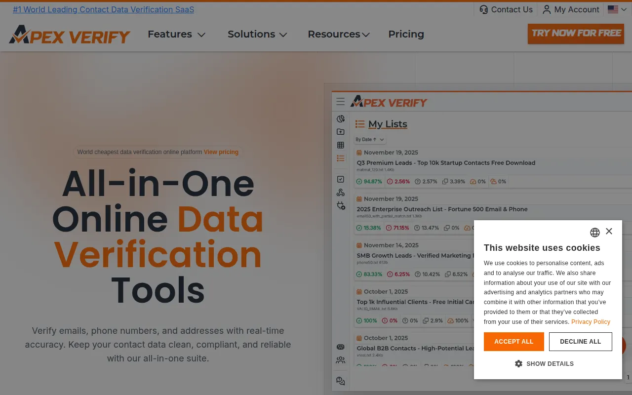 Homepage of apexverify.com