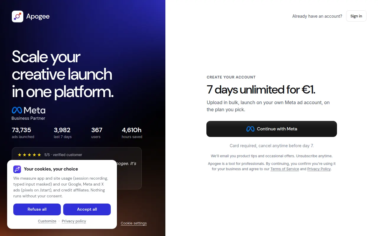Homepage of app.apogee.ad
