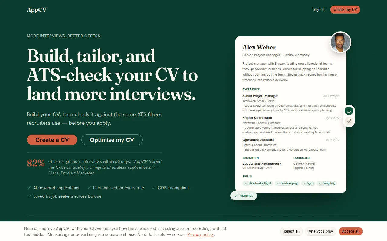 Homepage of appcv.io
