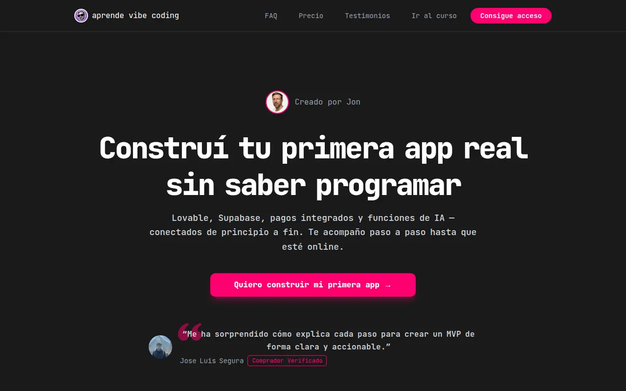 Homepage of aprendevibecoding.com