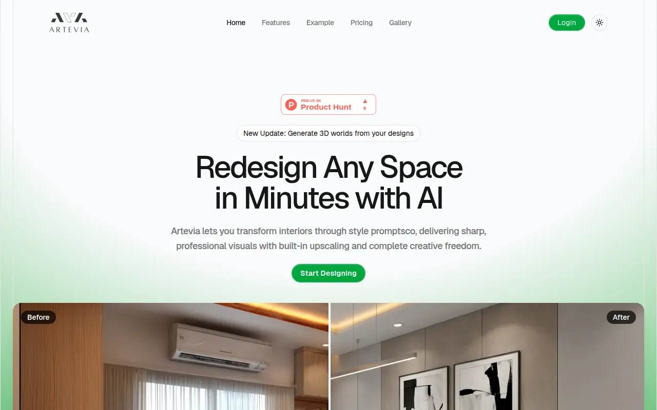 Homepage of artevia.ai