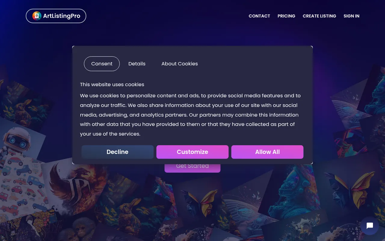 Homepage of artlistingpro.com