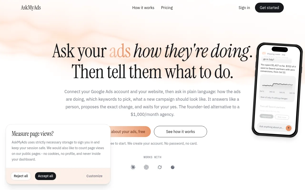 Homepage of askmyads.ai