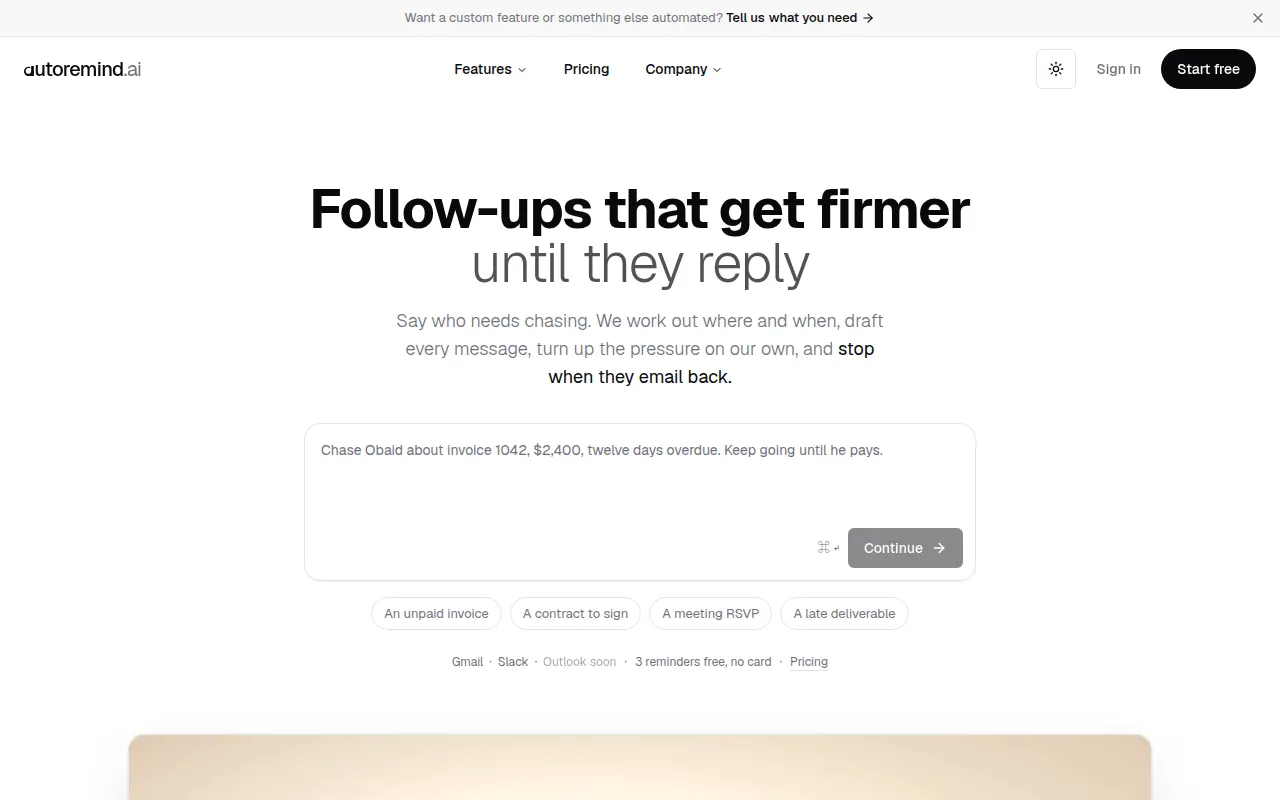 Homepage of autoremind.ai