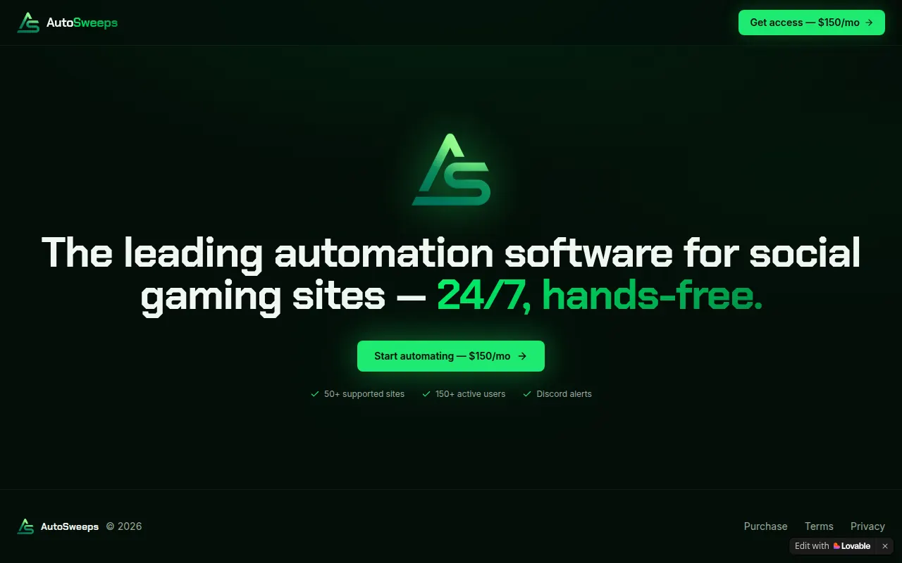 Homepage of autosweeps.io