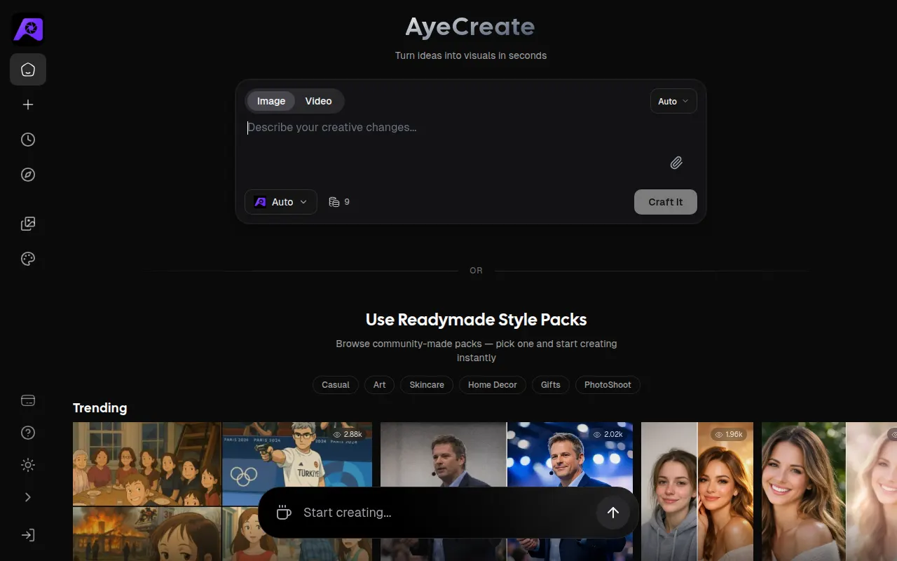 Homepage of ayecreate.ai