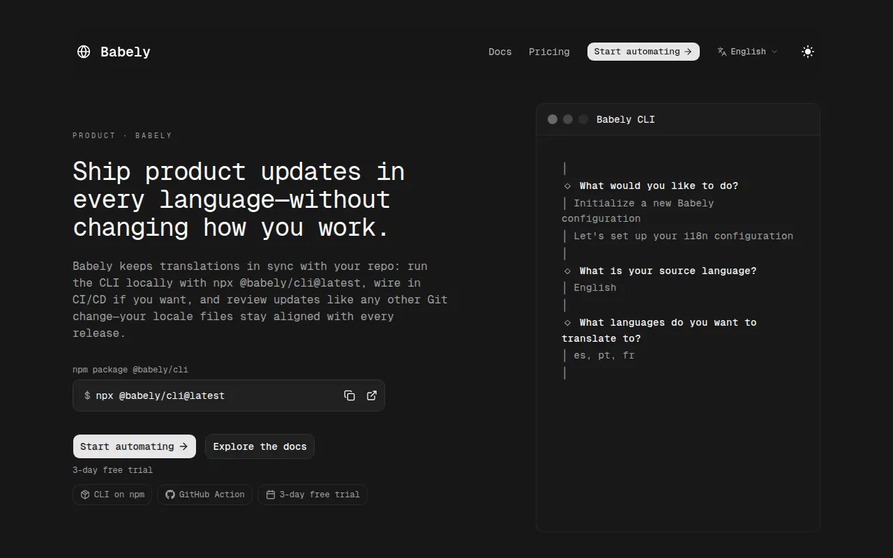 Homepage of babely.dev