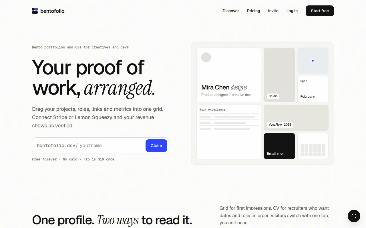 Homepage of bentofolio.dev