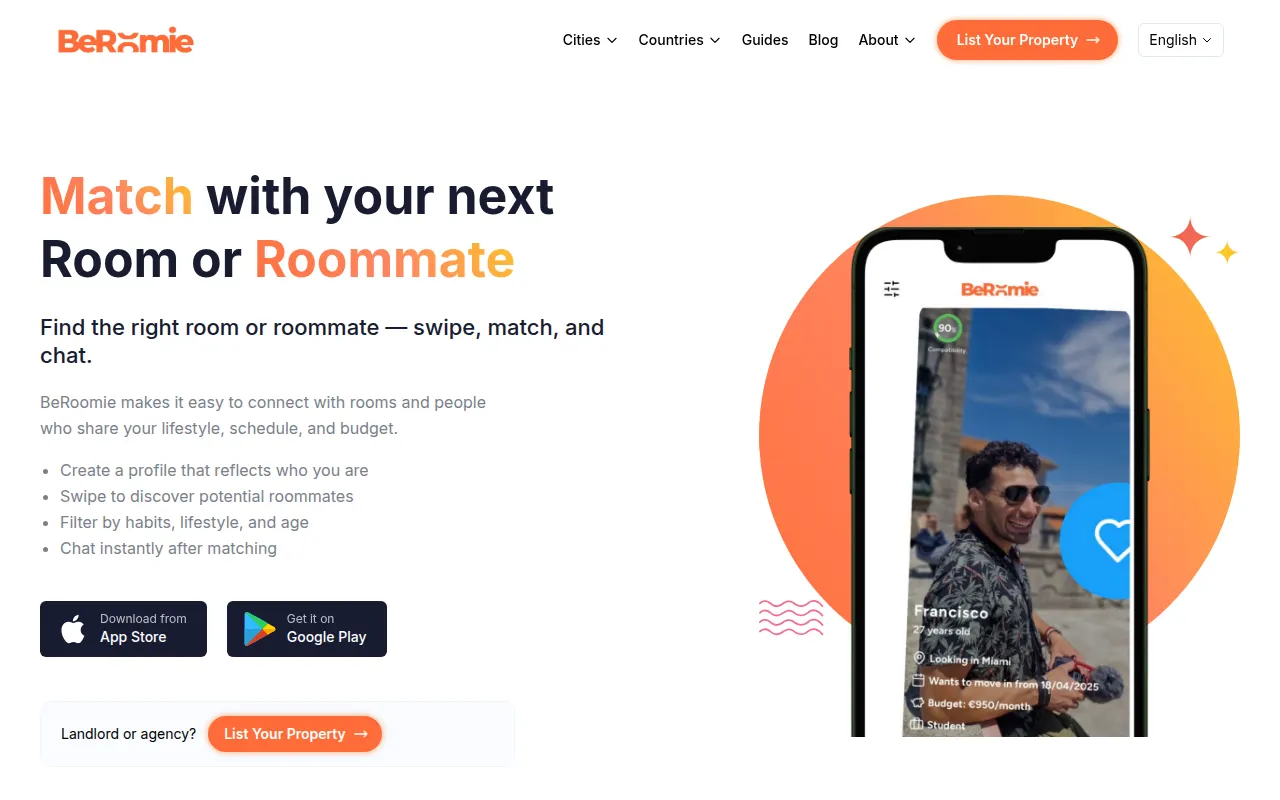 Homepage of beroomie.app