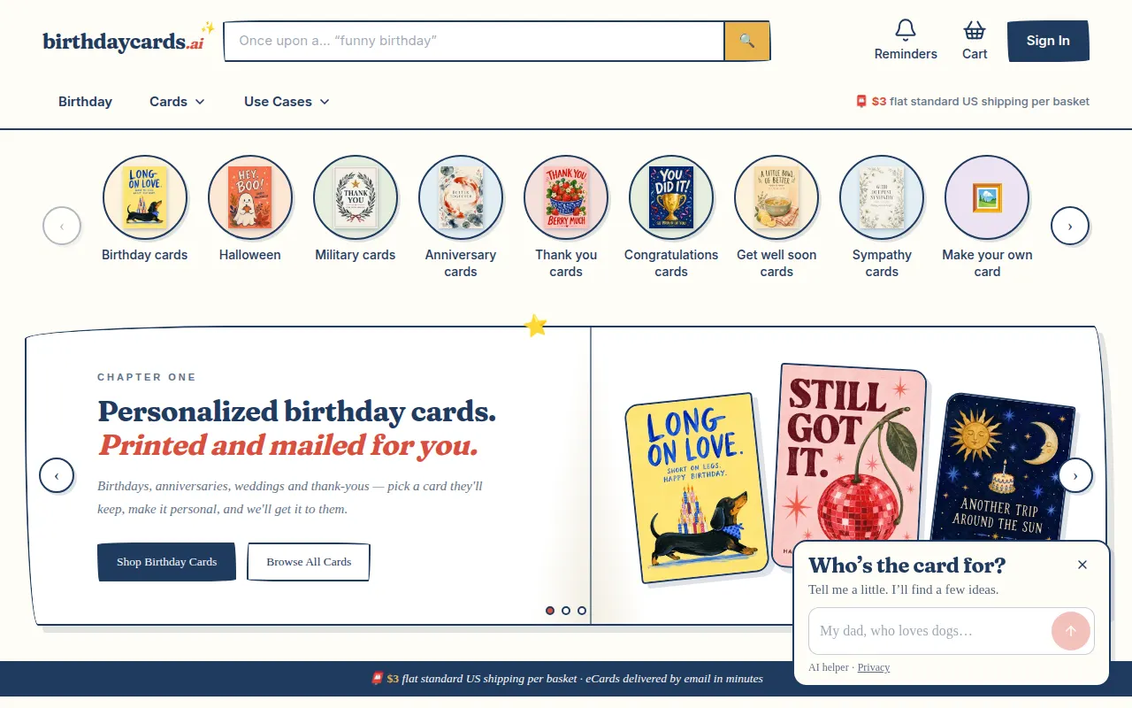Homepage of birthdaycards.ai