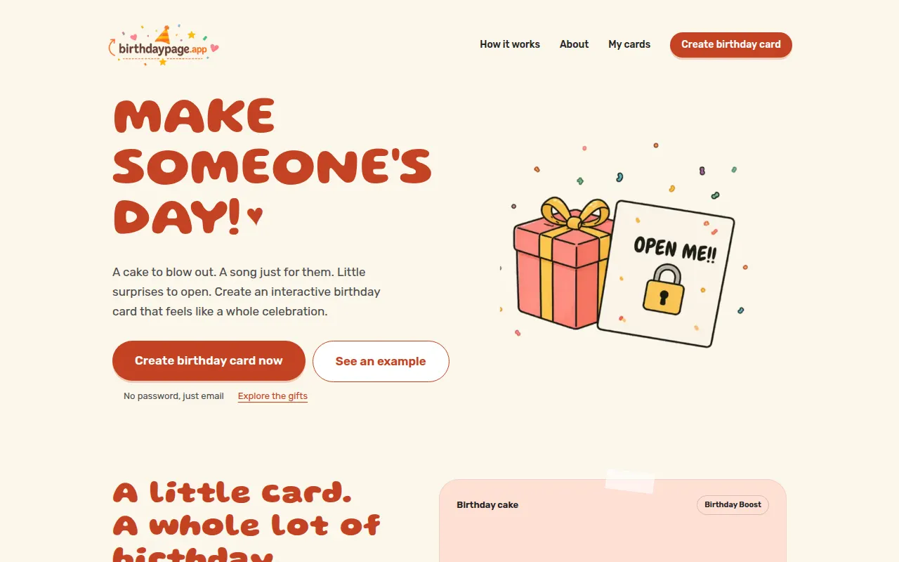Homepage of birthdaypage.app