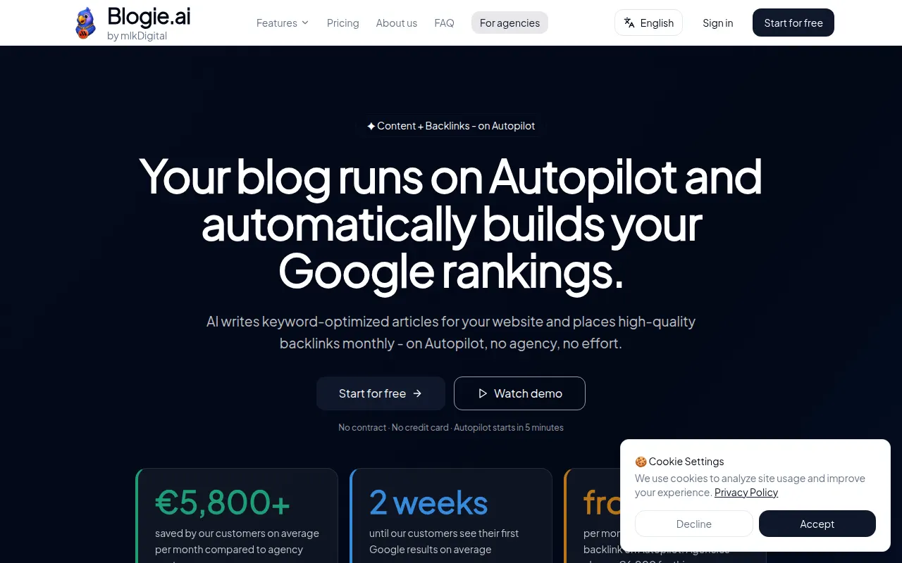 Homepage of blogie.ai