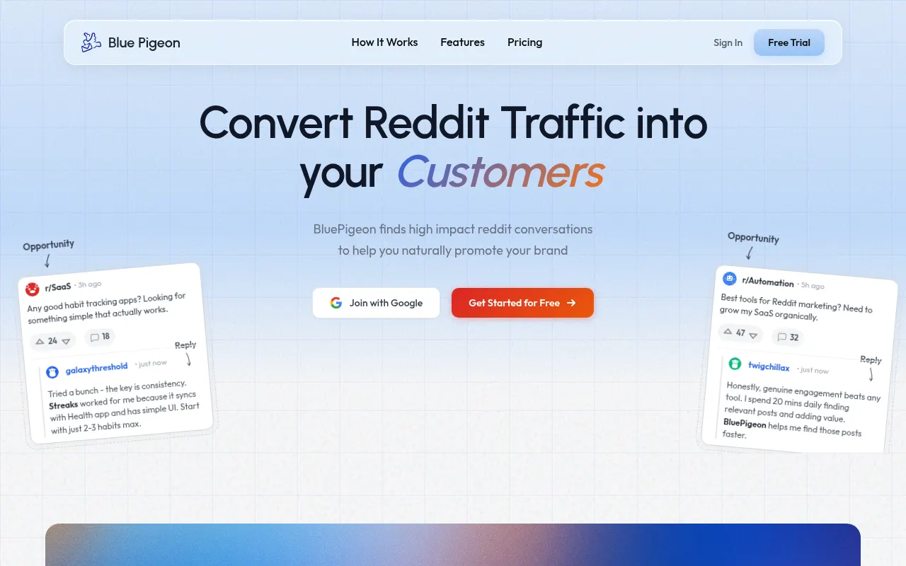 Homepage of bluepigeon.app