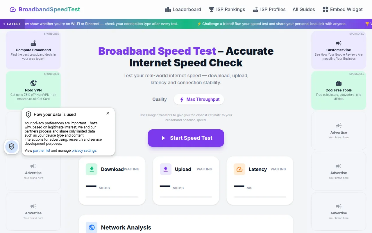 Homepage of broadbandspeedtest.uk.com