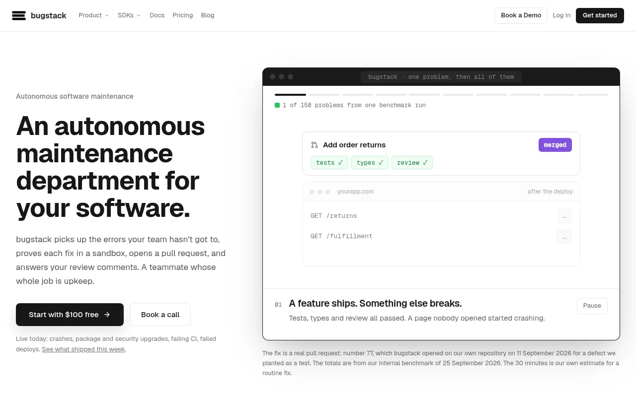 Homepage of bugstack.ai