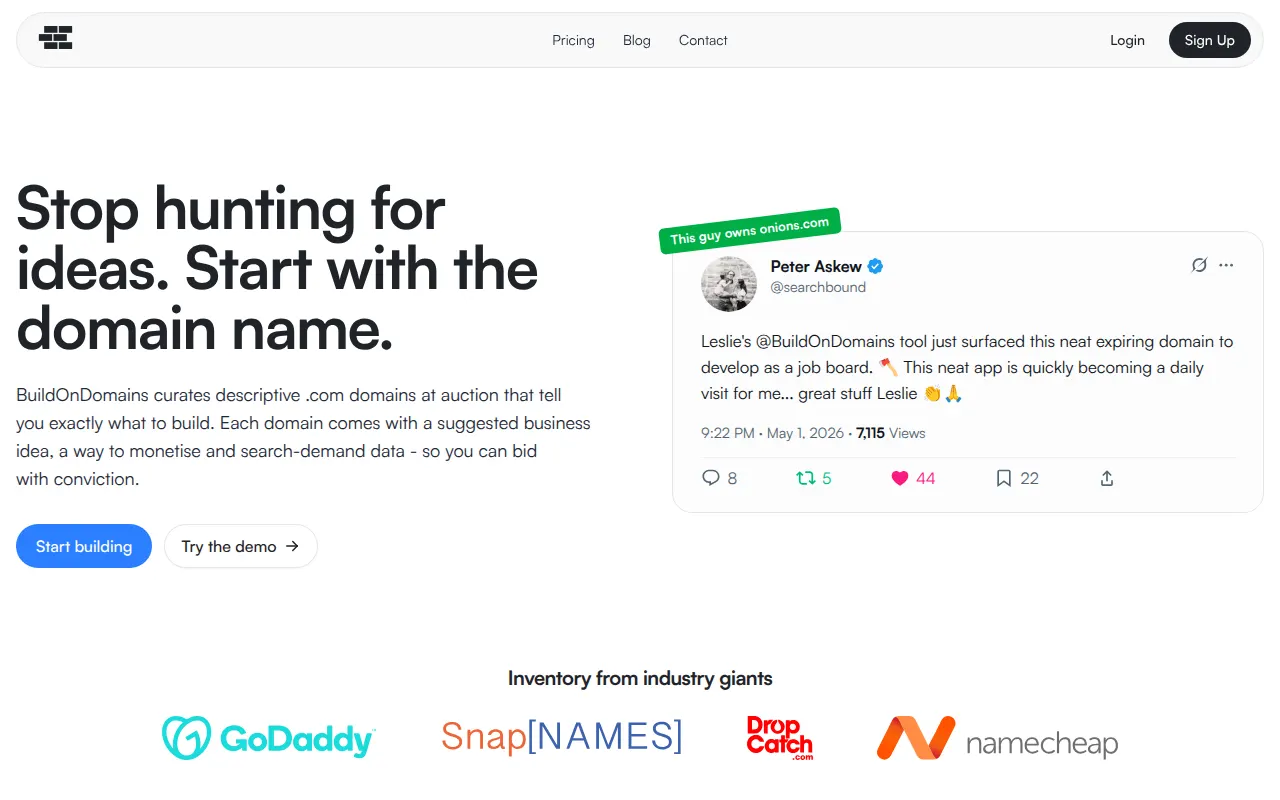 Homepage of buildondomains.com