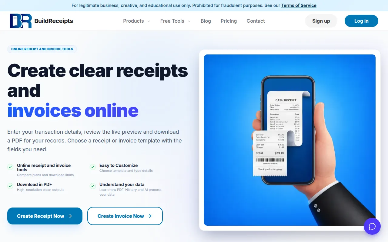 Homepage of buildreceipts.com