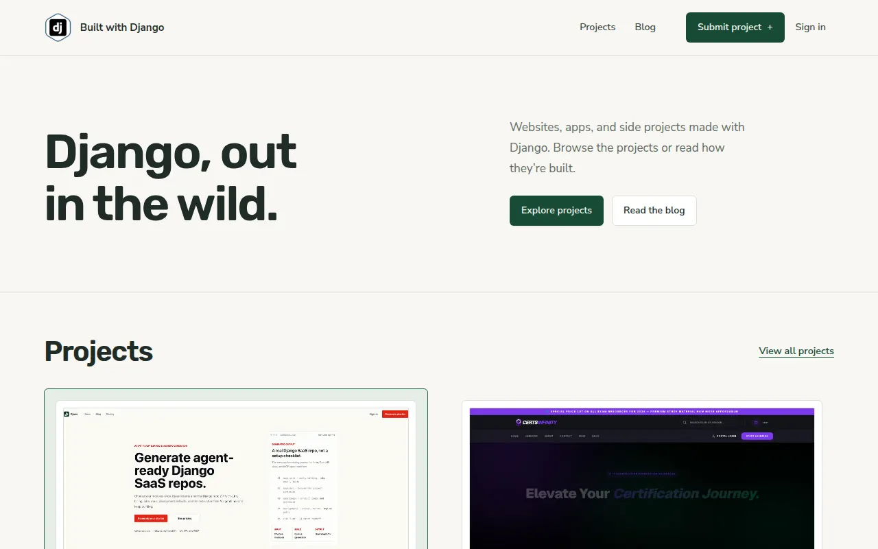 Homepage of builtwithdjango.com
