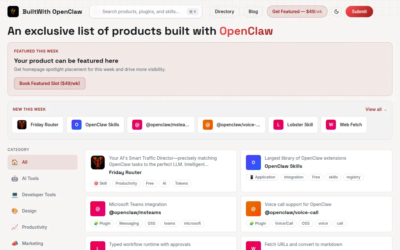 Homepage of builtwithopenclaw.com