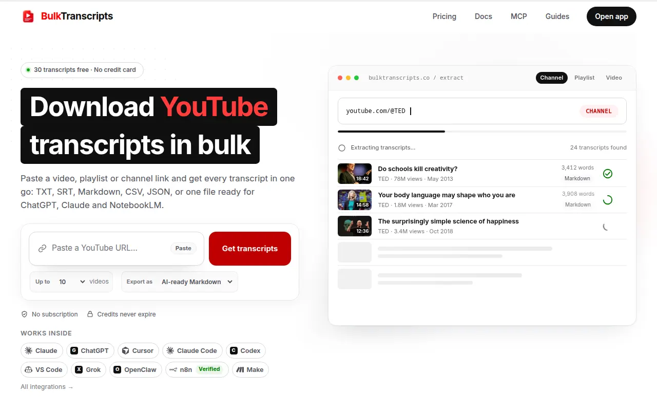 Homepage of bulktranscripts.co