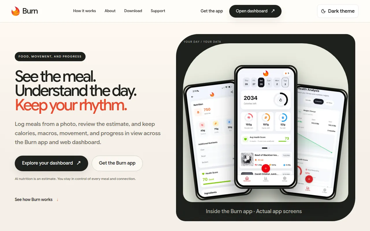 Homepage of burncal.ai