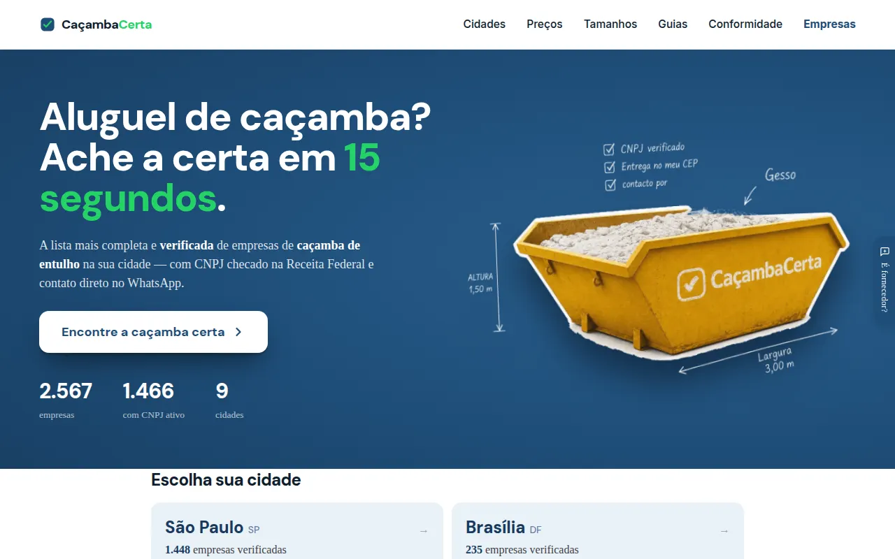 Homepage of cacambacerta.com.br