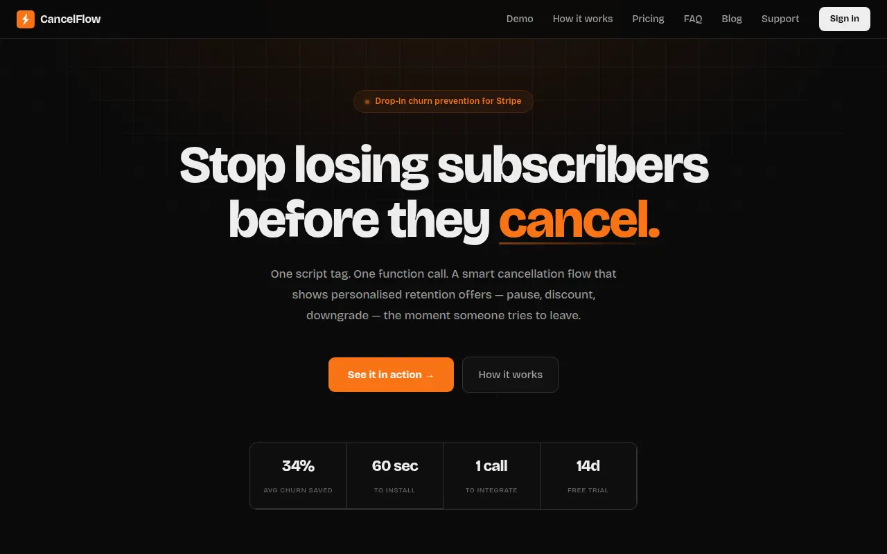 Homepage of cancelflow.dev