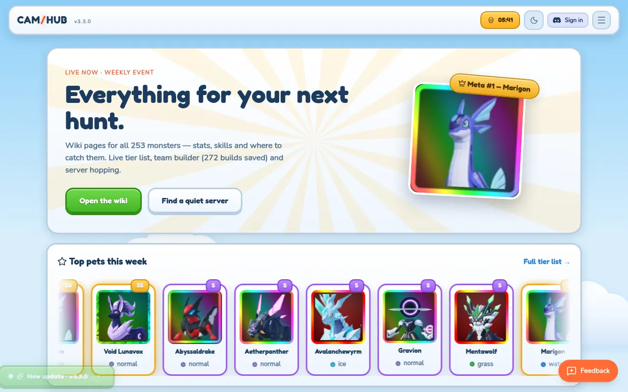 Homepage of catchamonsterhub.com