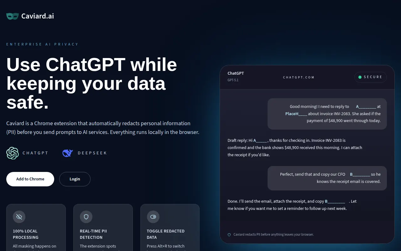 Homepage of caviard.ai