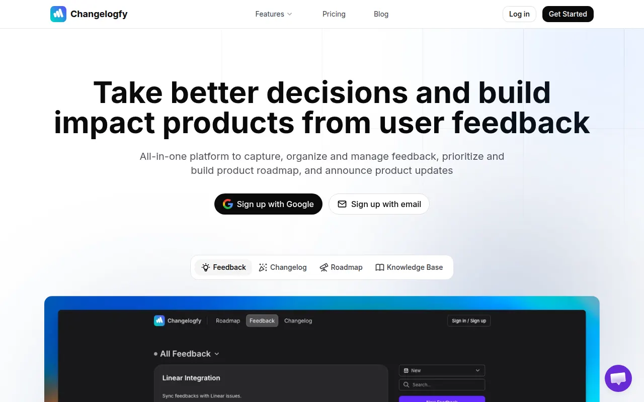 Homepage of changelogfy.com