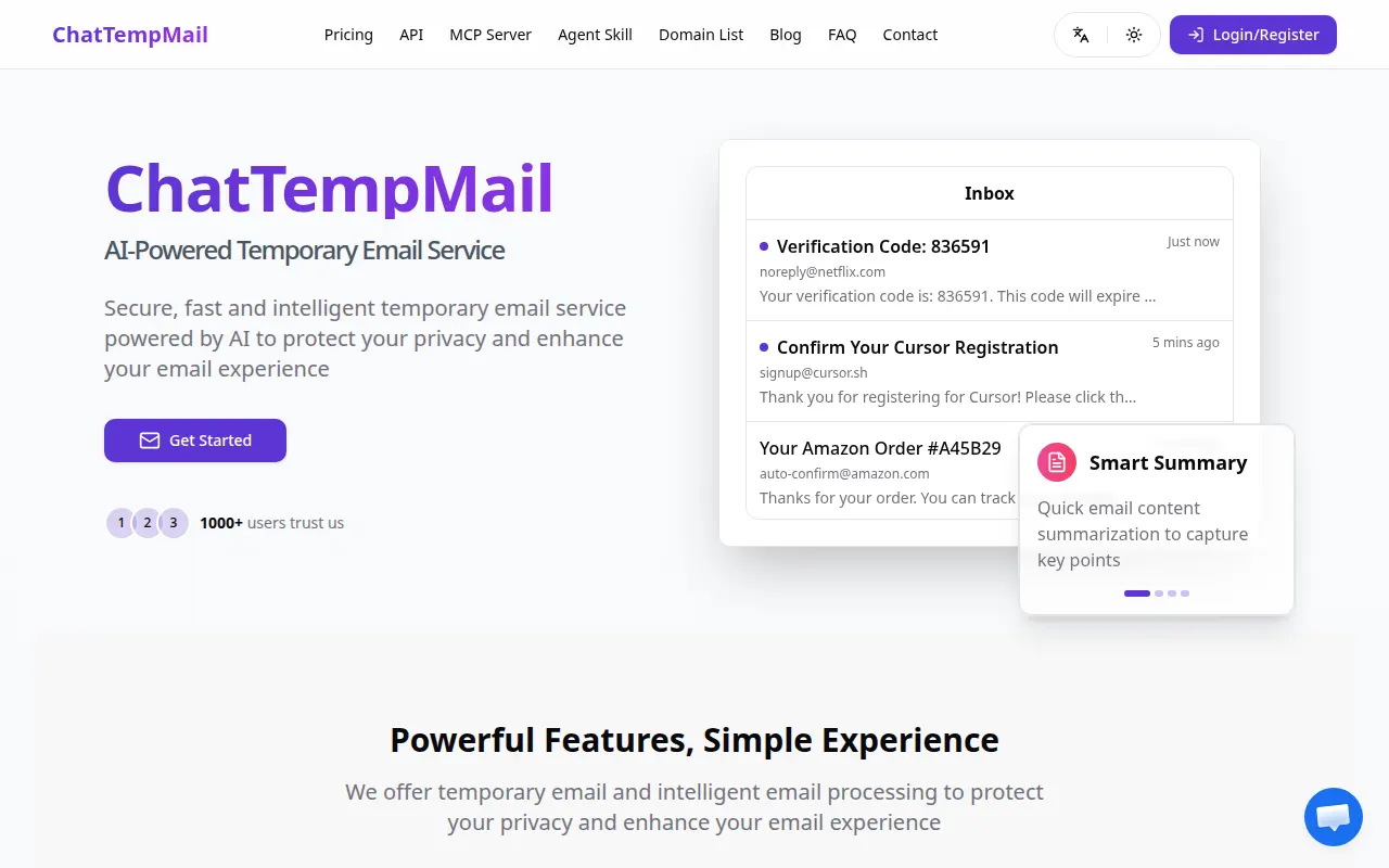 Homepage of chat-tempmail.com