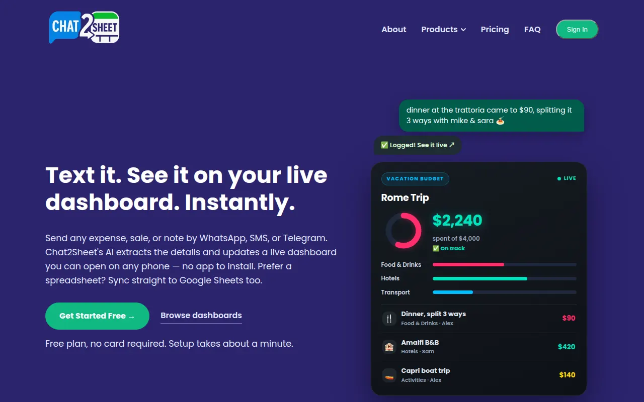 Homepage of chat2sheet.com