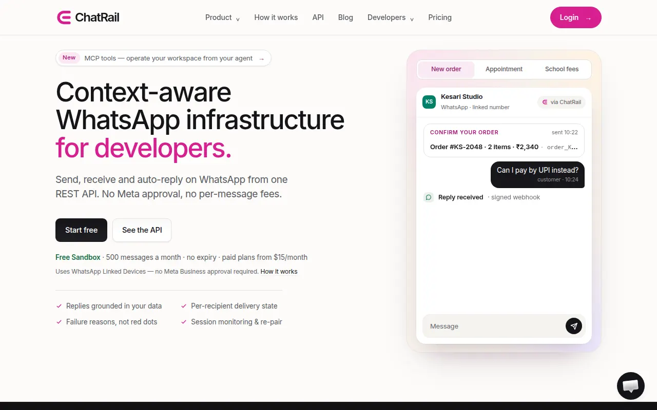 Homepage of chatrail.dev