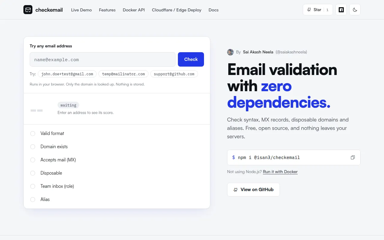 Homepage of checkemail.dev