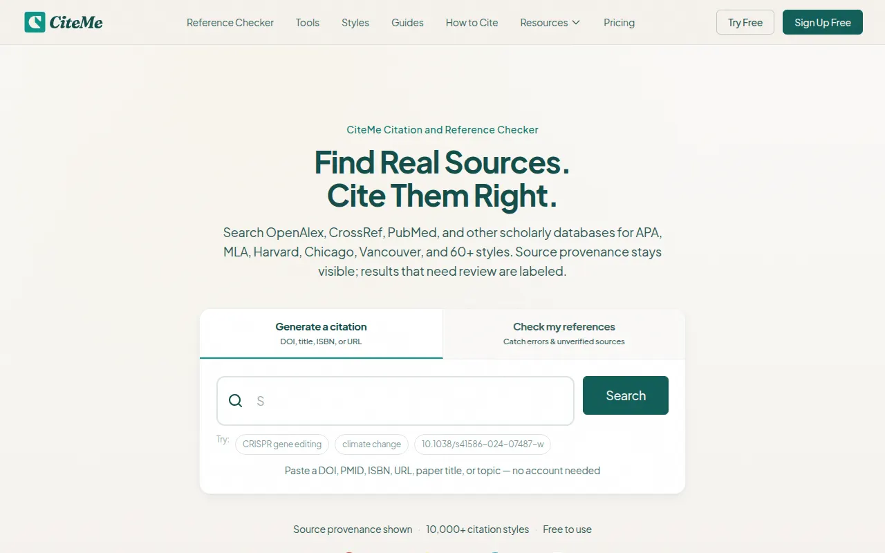 Homepage of citeme.app