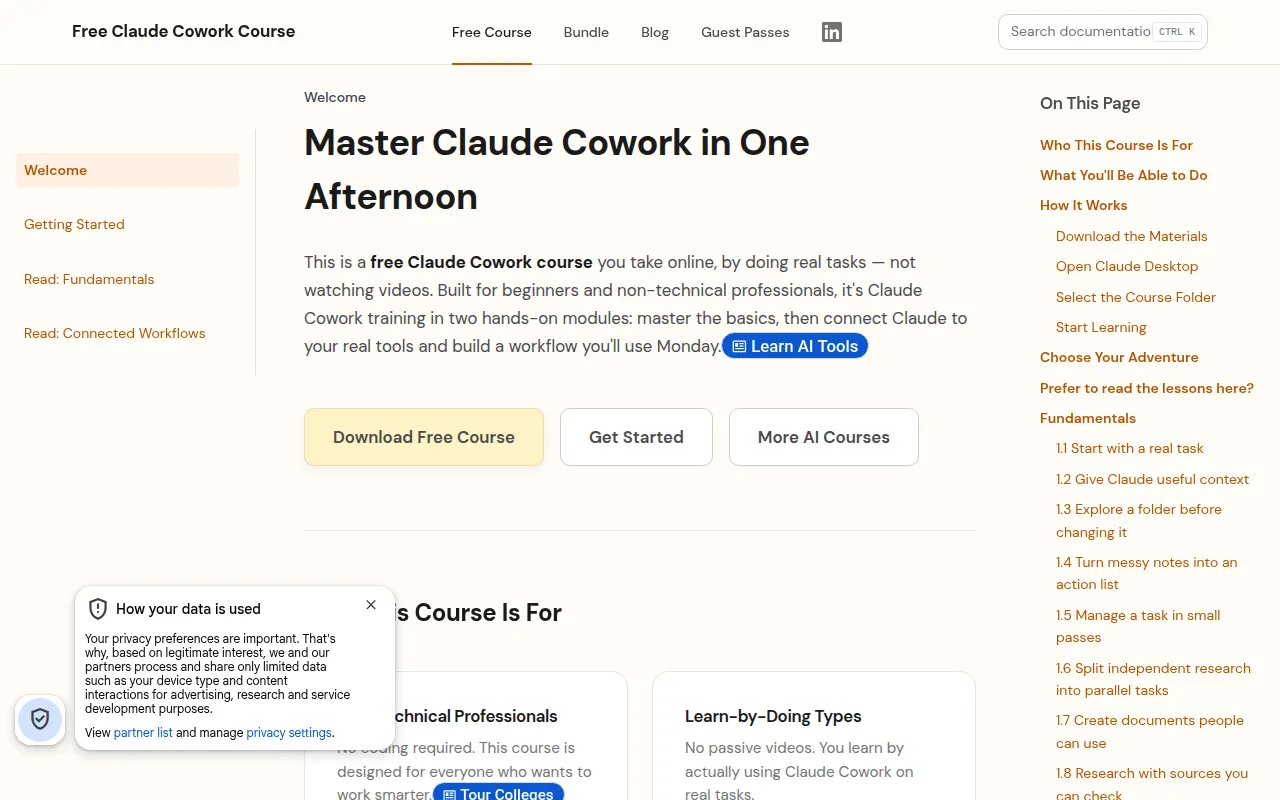 Homepage of claudecoworkcourse.com