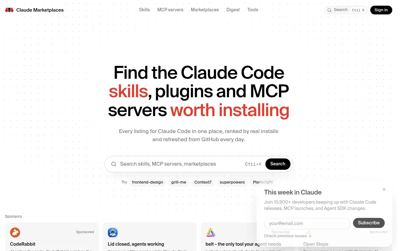 Homepage of claudemarketplaces.com