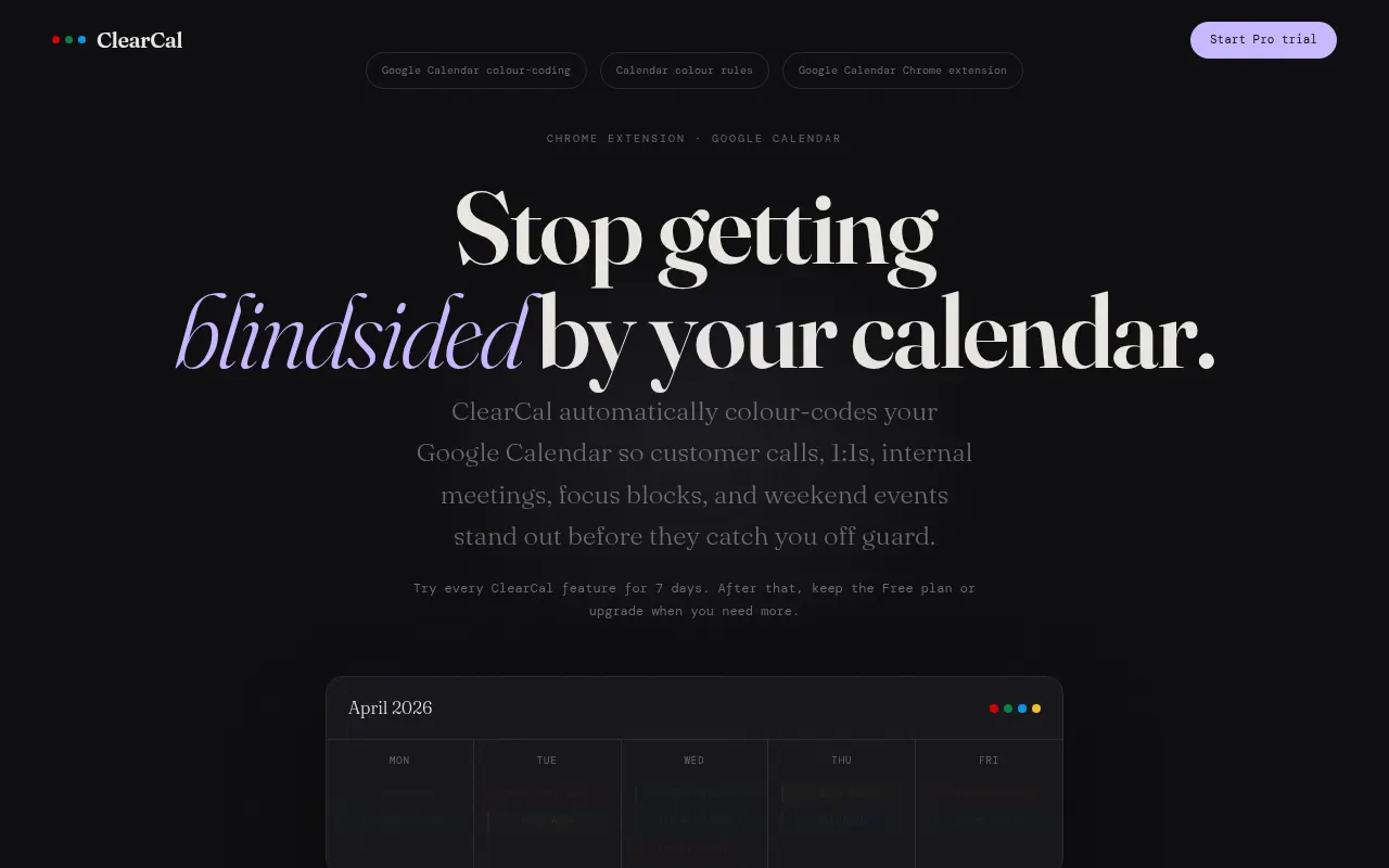 Homepage of clearcal.io