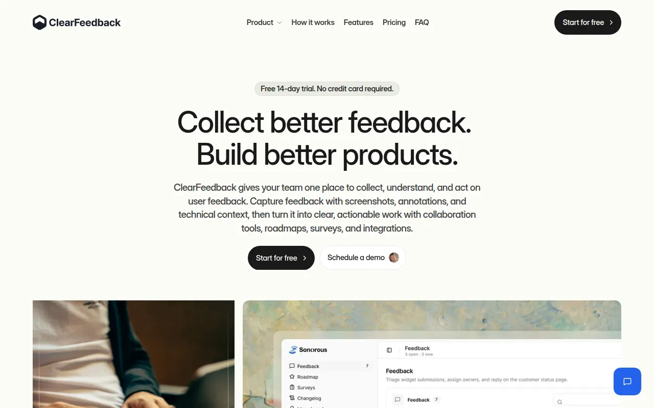 Homepage of clearfeedback.io