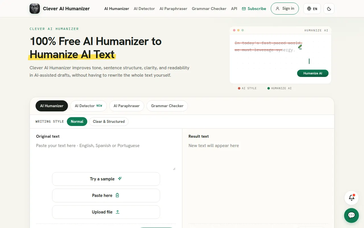 Homepage of cleverhumanizer.ai
