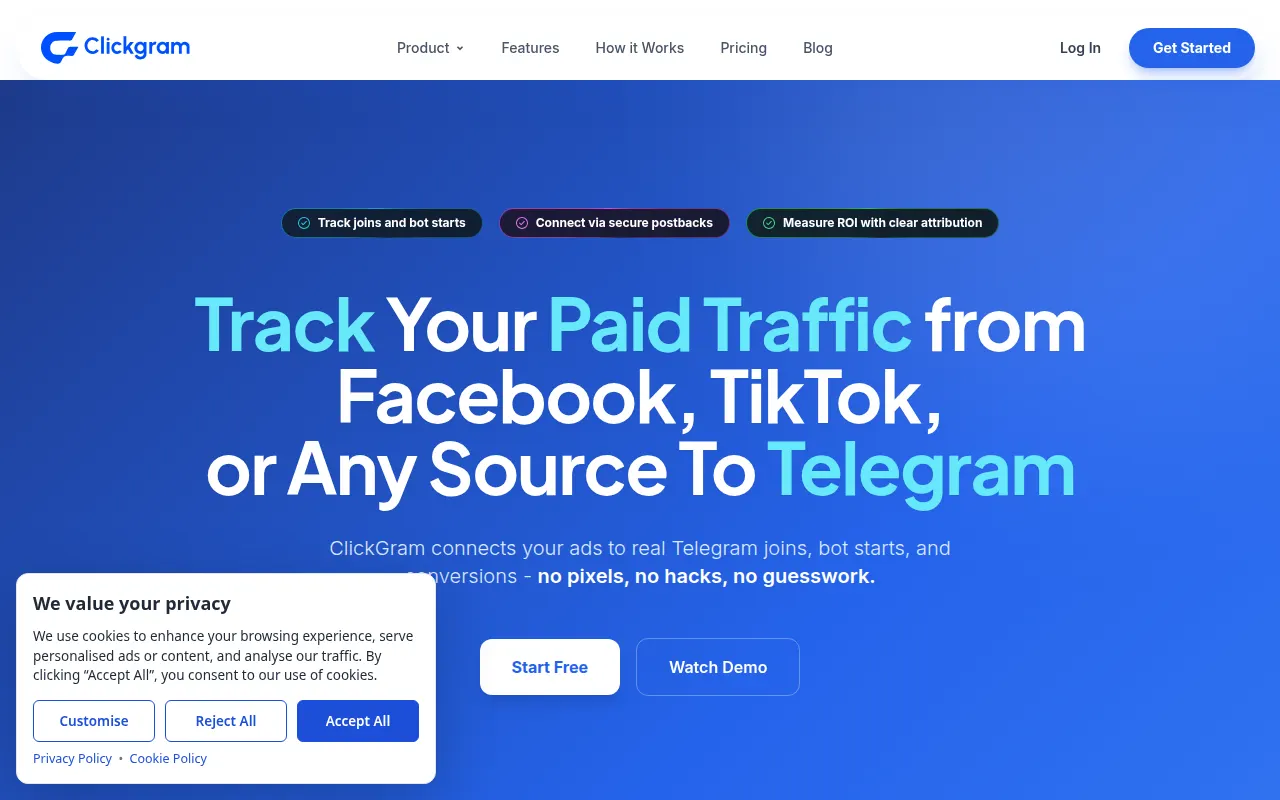 Homepage of clickgram.io