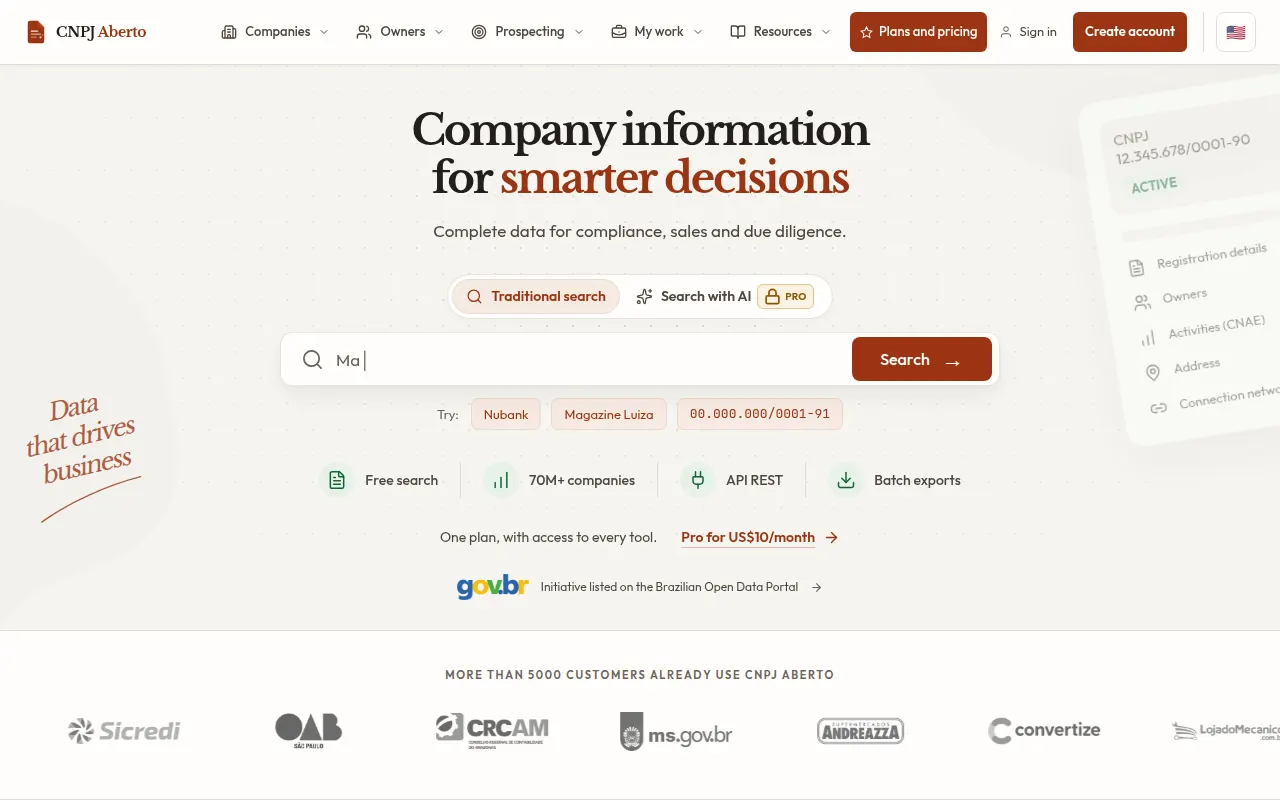 Homepage of cnpjaberto.com.br