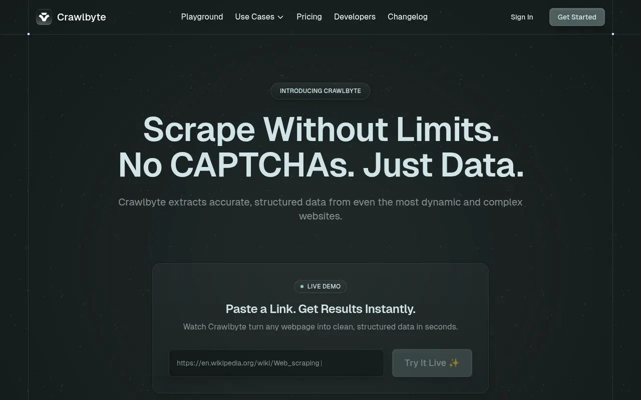 Homepage of crawlbyte.ai